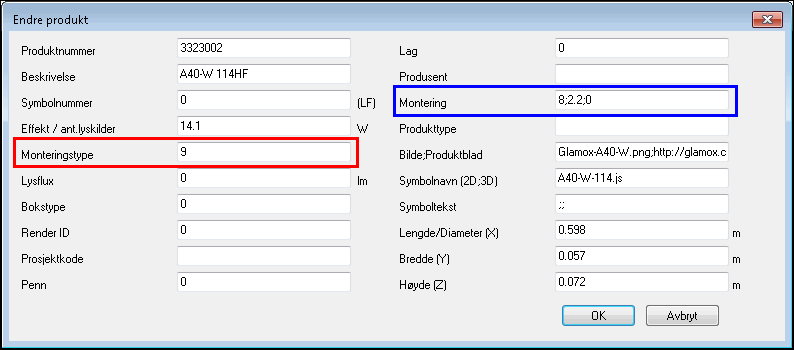 Monteringstype i produktdatabasen