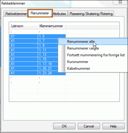 Renummerer alle rekkeklemmer