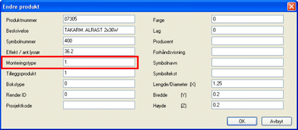 Monteringstype i produktdatabasen